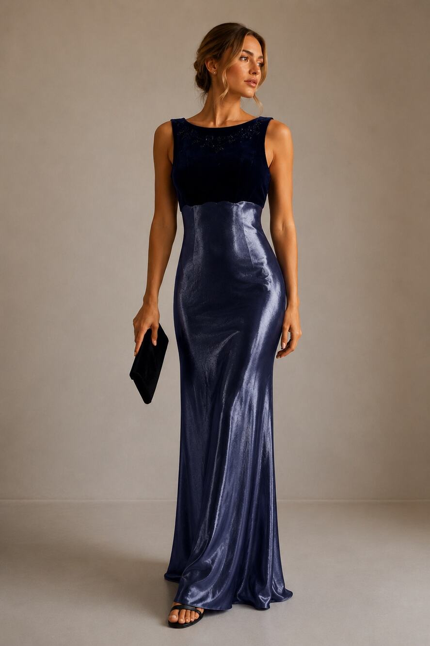 Vintage 90s Blue Velvet Satin Maxi Dress Womens 14 Prom Formal Phoebe Buffet
